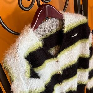 Anthropologie Denim Butterfly Fuzzy Cardigan